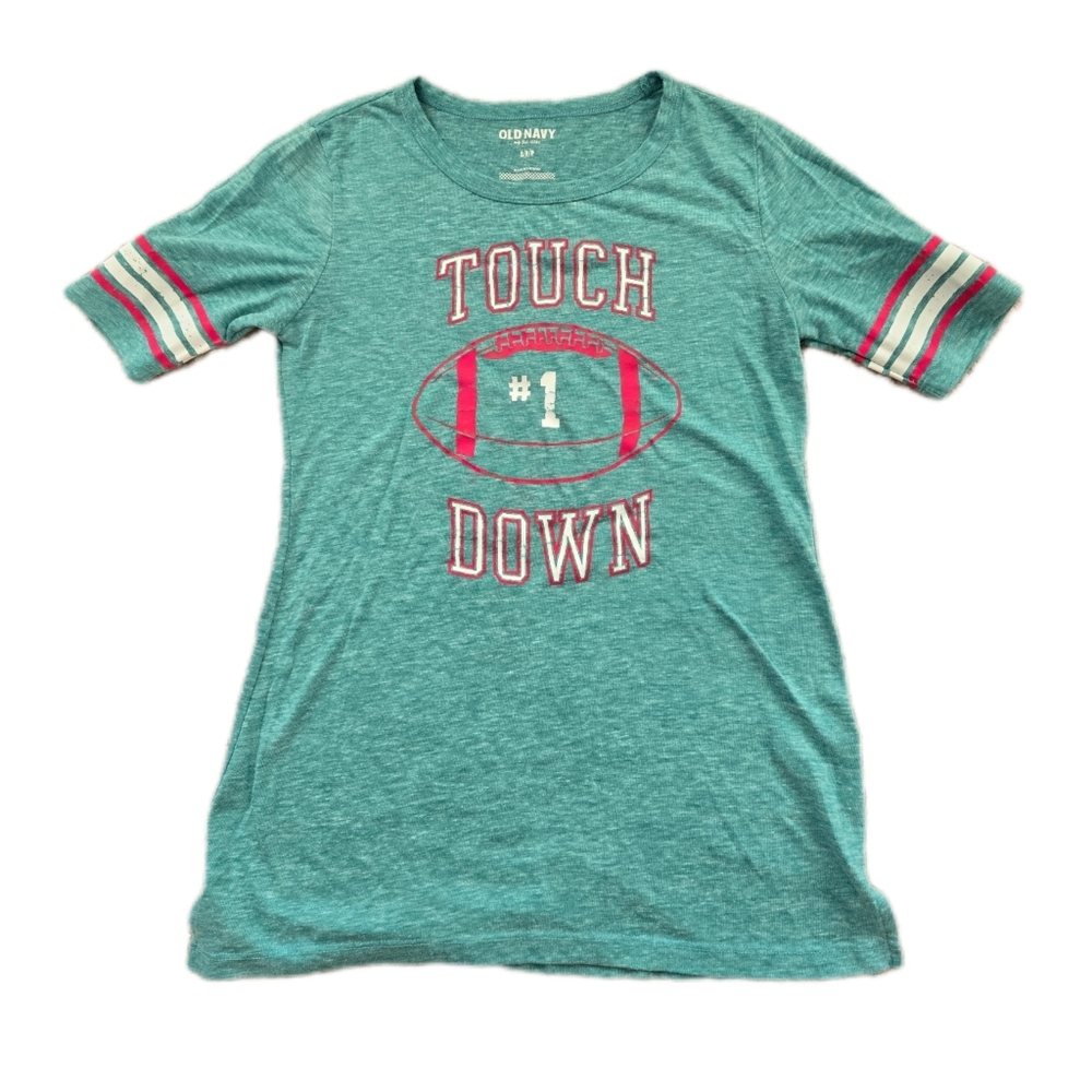 Old Navy Heathered Teal Football Touch Down Women's Short Sleeve Small T-Shirt